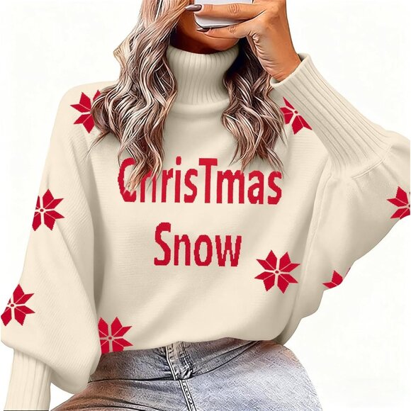 Oversized Christmas Apricot Sweater Women 2025 Merry Turtleneck Batwing Sleeve - Picture 2 of 7